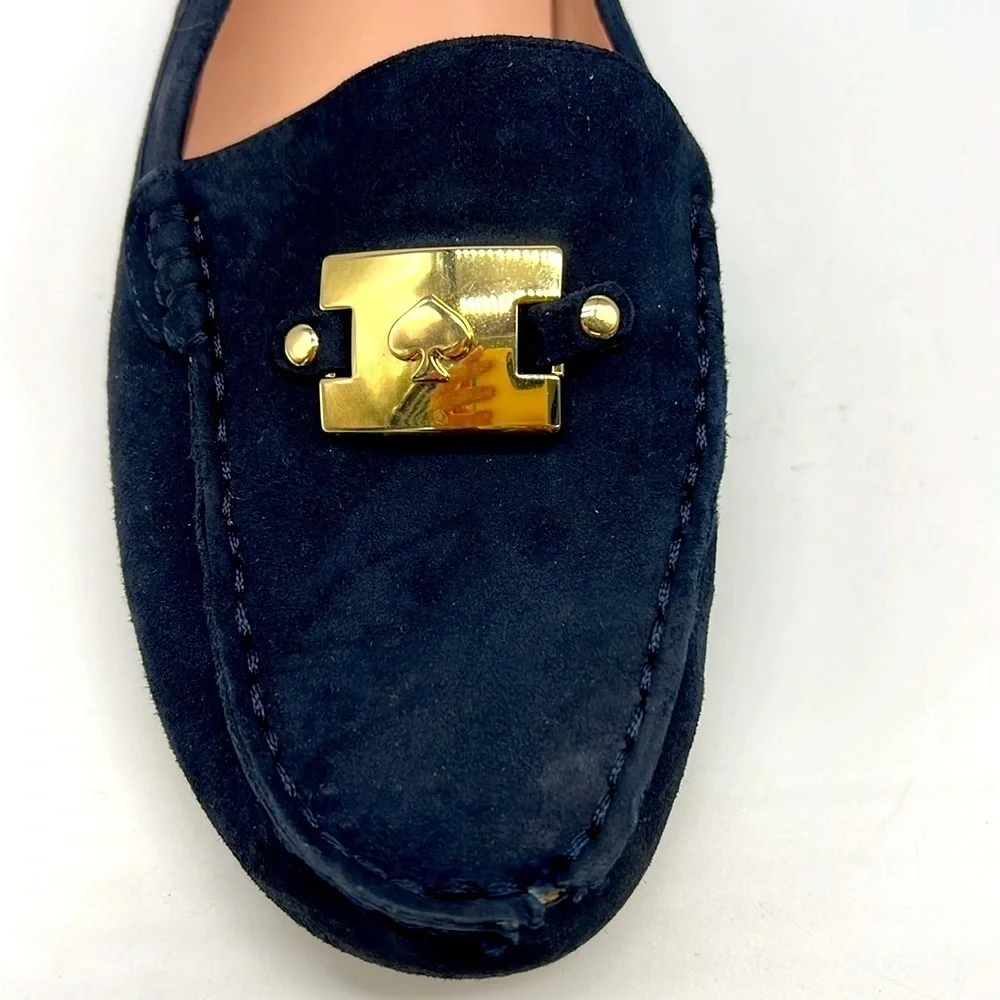 Kate Spade - Carmen Navy Suede Gold Logo Round Toe Driving Loafer Size 8